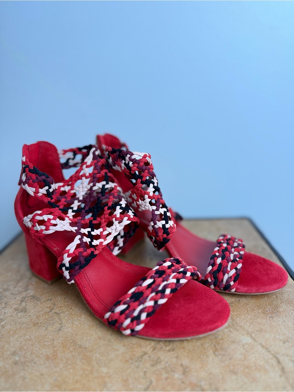 Sandro Paris Red Suede Braided Block Heel Sandals EU 36